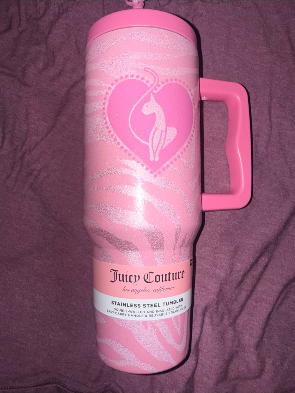 Juicy Couture Pink Zebra Heart Handle Tumbler